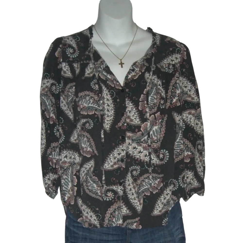Ann Taylor Loft Blouse Button Down Paisley Peasant Boho Whimsygoth Cottage Tie P